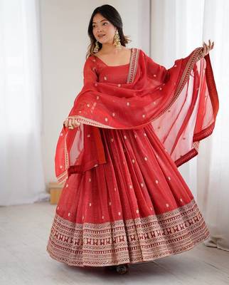 women's embroidery work crunchy silk blend flared anarkali and dupatta set 5