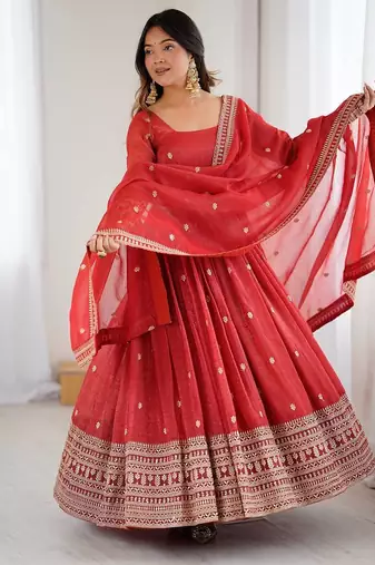 women's embroidery work crunchy silk blend flared anarkali and dupatta set