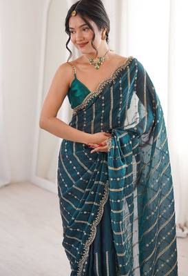 Teal fendy satin heavy embroidery sequins work saree with blouse 4