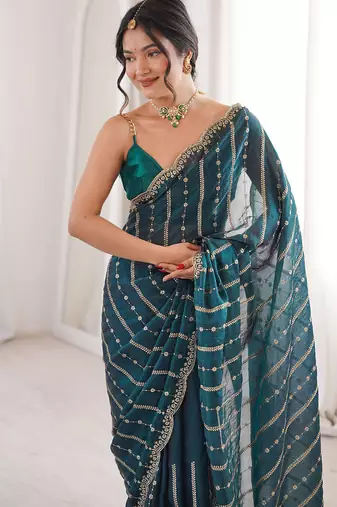 Teal fendy satin heavy embroidery sequins work saree with blouse