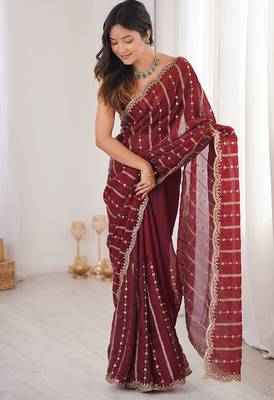 Maroon fendy satin heavy embroidery sequins work saree with blouse 1
