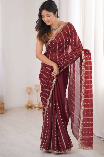 Maroon fendy satin heavy embroidery sequins work saree with blouse
