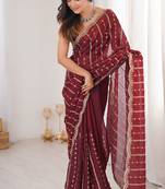 Maroon fendy satin heavy embroidery sequins work saree with blouse