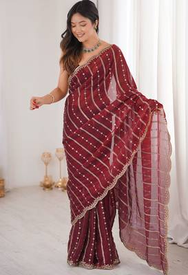 Maroon fendy satin heavy embroidery sequins work saree with blouse 2
