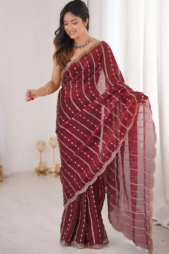Maroon fendy satin heavy embroidery sequins work saree with blouse