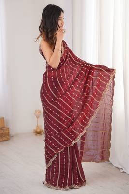 Maroon fendy satin heavy embroidery sequins work saree with blouse 3