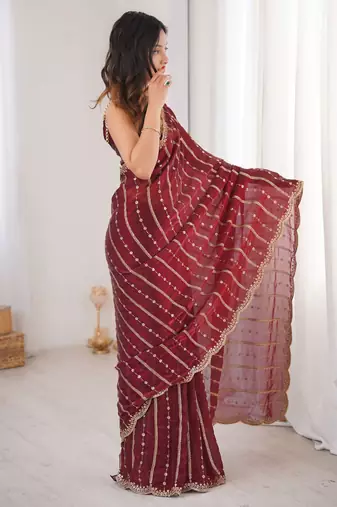 Maroon fendy satin heavy embroidery sequins work saree with blouse