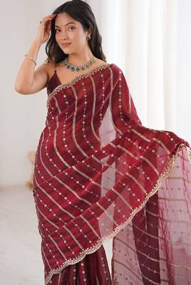 Maroon fendy satin heavy embroidery sequins work saree with blouse 4
