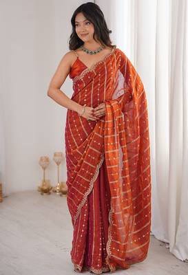 Rust fendy satin heavy embroidery sequins work saree with blouse 1