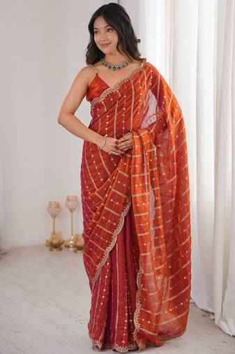 Rust fendy satin heavy embroidery sequins work saree with blouse