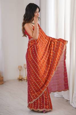Rust fendy satin heavy embroidery sequins work saree with blouse 2