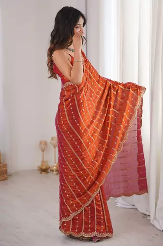 Rust fendy satin heavy embroidery sequins work saree with blouse