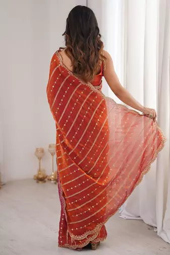Rust fendy satin heavy embroidery sequins work saree with blouse