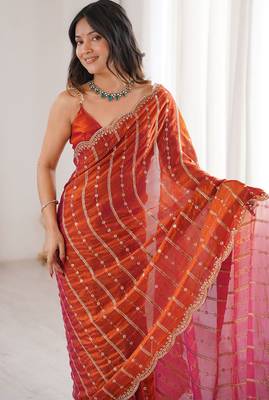 Rust fendy satin heavy embroidery sequins work saree with blouse 4