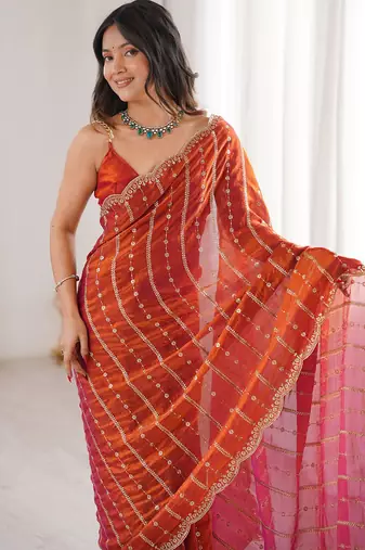 Rust fendy satin heavy embroidery sequins work saree with blouse