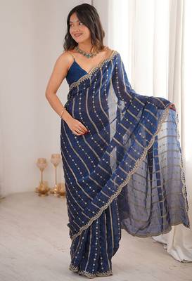 Blue fendy satin heavy embroidery sequins work saree with blouse 1