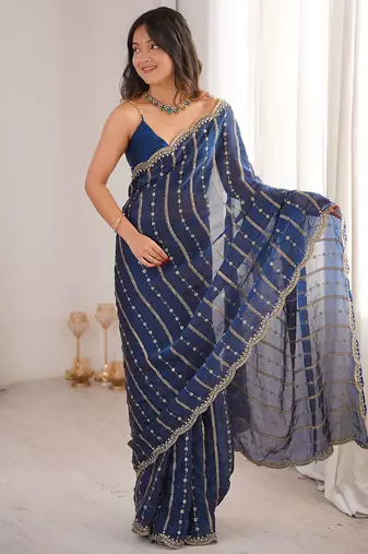 Blue fendy satin heavy embroidery sequins work saree with blouse