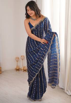 Blue fendy satin heavy embroidery sequins work saree with blouse 2