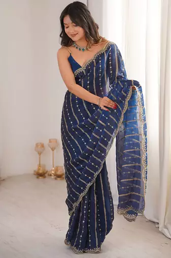 Blue fendy satin heavy embroidery sequins work saree with blouse