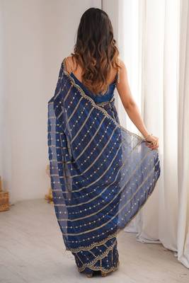 Blue fendy satin heavy embroidery sequins work saree with blouse 3
