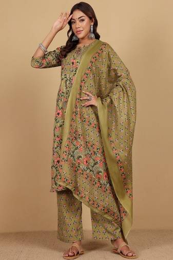 Floral printed cotton round neck kurta trouser & dupatta set