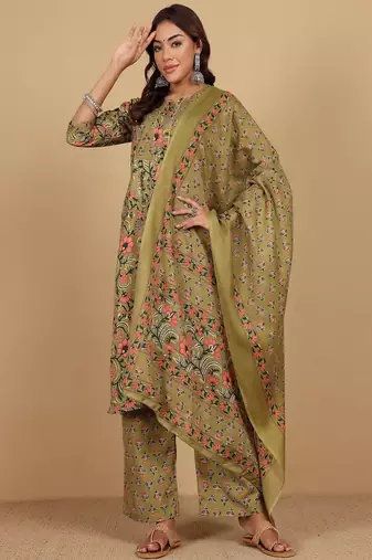 Floral printed cotton round neck kurta trouser & dupatta set