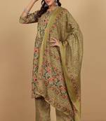 Floral printed cotton round neck kurta trouser & dupatta set