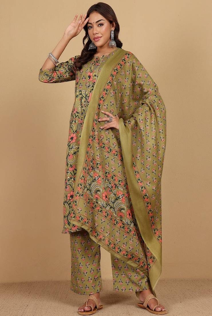 Floral printed cotton round neck kurta trouser & dupatta set