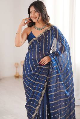 Blue fendy satin heavy embroidery sequins work saree with blouse 4