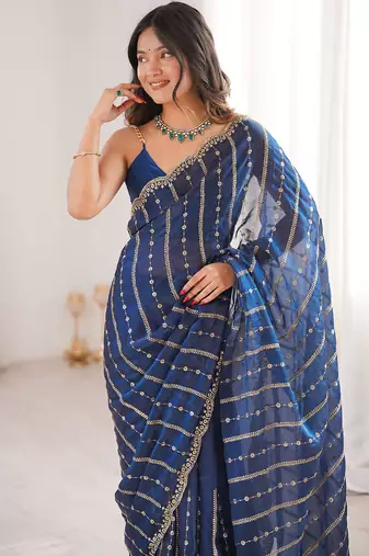 Blue fendy satin heavy embroidery sequins work saree with blouse