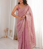Pink fendy satin heavy embroidery sequins work saree with blouse