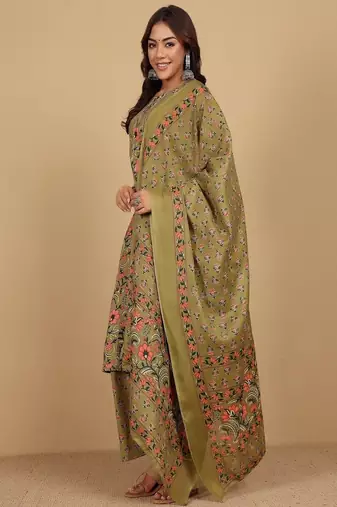 Floral printed cotton round neck kurta trouser & dupatta set