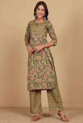 Floral printed cotton round neck kurta trouser & dupatta set 3