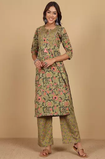 Floral printed cotton round neck kurta trouser & dupatta set