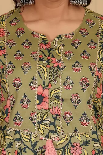 Floral printed cotton round neck kurta trouser & dupatta set