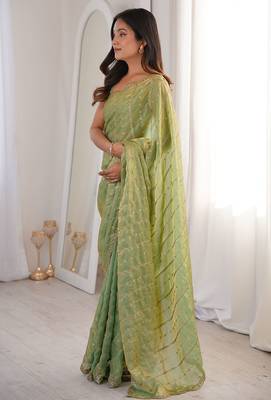 Sea green fendy satin heavy embroidery sequins work saree with blouse 2