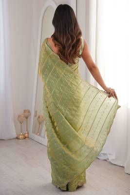 Sea green fendy satin heavy embroidery sequins work saree with blouse 3