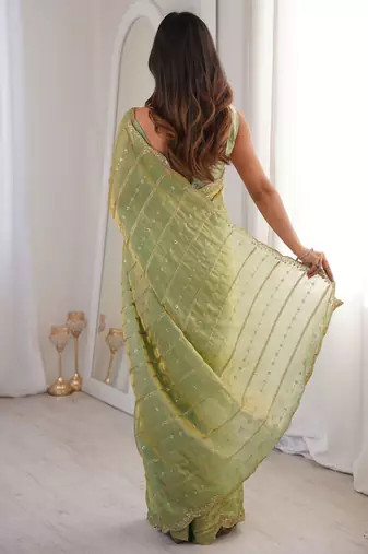 Sea green fendy satin heavy embroidery sequins work saree with blouse