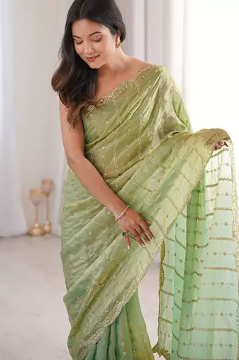 Sea green fendy satin heavy embroidery sequins work saree with blouse