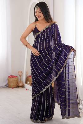 Navy blue fendy satin heavy embroidery sequins work saree with blouse 2