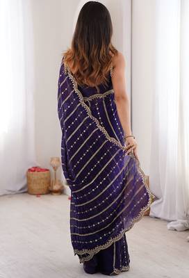 Navy blue fendy satin heavy embroidery sequins work saree with blouse 3