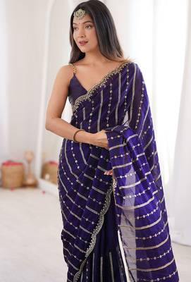 Navy blue fendy satin heavy embroidery sequins work saree with blouse 4