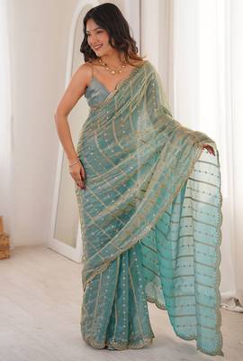 Aqua blue fendy satin heavy embroidery sequins work saree with blouse 1