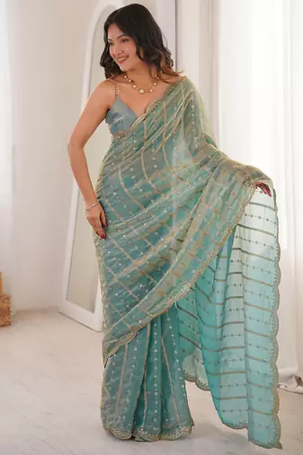 Aqua blue fendy satin heavy embroidery sequins work saree with blouse