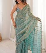 Aqua blue fendy satin heavy embroidery sequins work saree with blouse