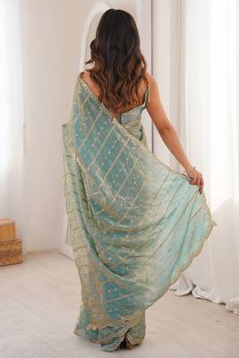Aqua blue fendy satin heavy embroidery sequins work saree with blouse 3