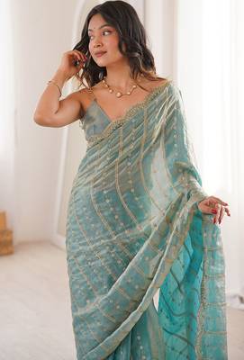 Aqua blue fendy satin heavy embroidery sequins work saree with blouse 4