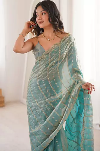 Aqua blue fendy satin heavy embroidery sequins work saree with blouse