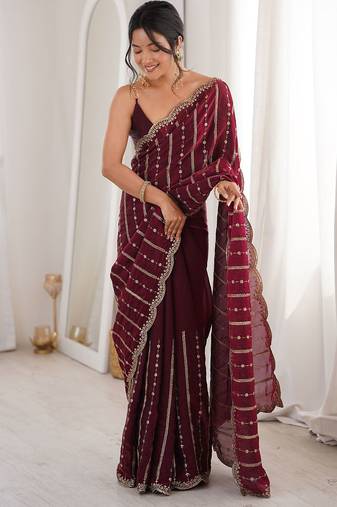Wine fendy satin heavy embroidery sequins work saree with blouse