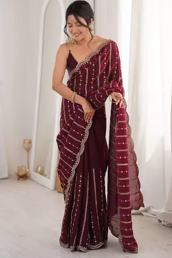 Wine fendy satin heavy embroidery sequins work saree with blouse